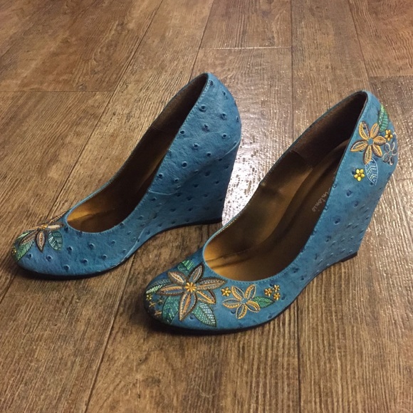 Michael Antonio Shoes - Micheal Antonio blue embroidered wedges